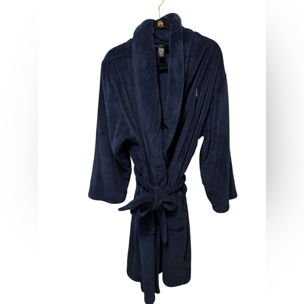 Polo Ralph Lauren Plush Belted Men’s Bathrobe Robe L/XL Navy Pony Logo Pockets